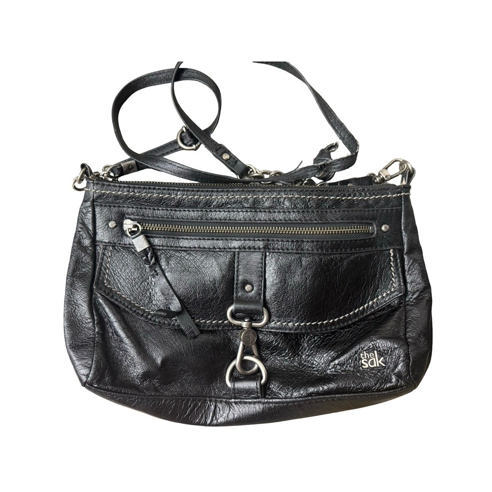The Sak Ventura Black Leather Crossbody Bag Adjustable Strap Silver Hardware
